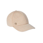 Beige baseball cap with a logo on a light gray background