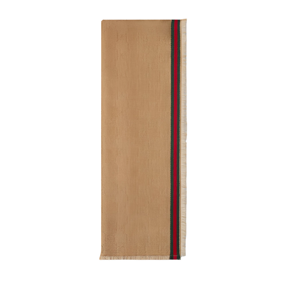 Beige Gucci scarf with a red and green stripe on a white background