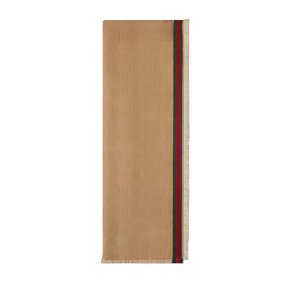 Beige Gucci scarf with a red and green stripe on a white background