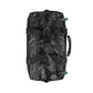 Black duffel bag with multiple straps on a light gray background