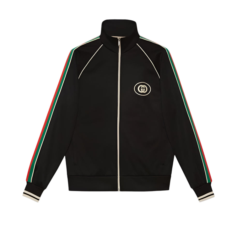 Black Gucci zip jacket with red and green stripes on a white background