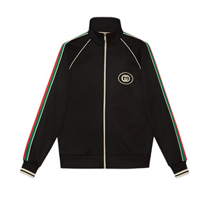 Black Gucci zip jacket with red and green stripes on a white background