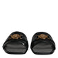 Versace Black Leather Logo Plaque Slip On Slides Flats Shoes