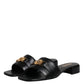 Versace Black Leather Logo Plaque Slip On Slides Flats Shoes