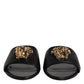 Versace Black Leather Logo Plaque Slip On Slides Flats Shoes