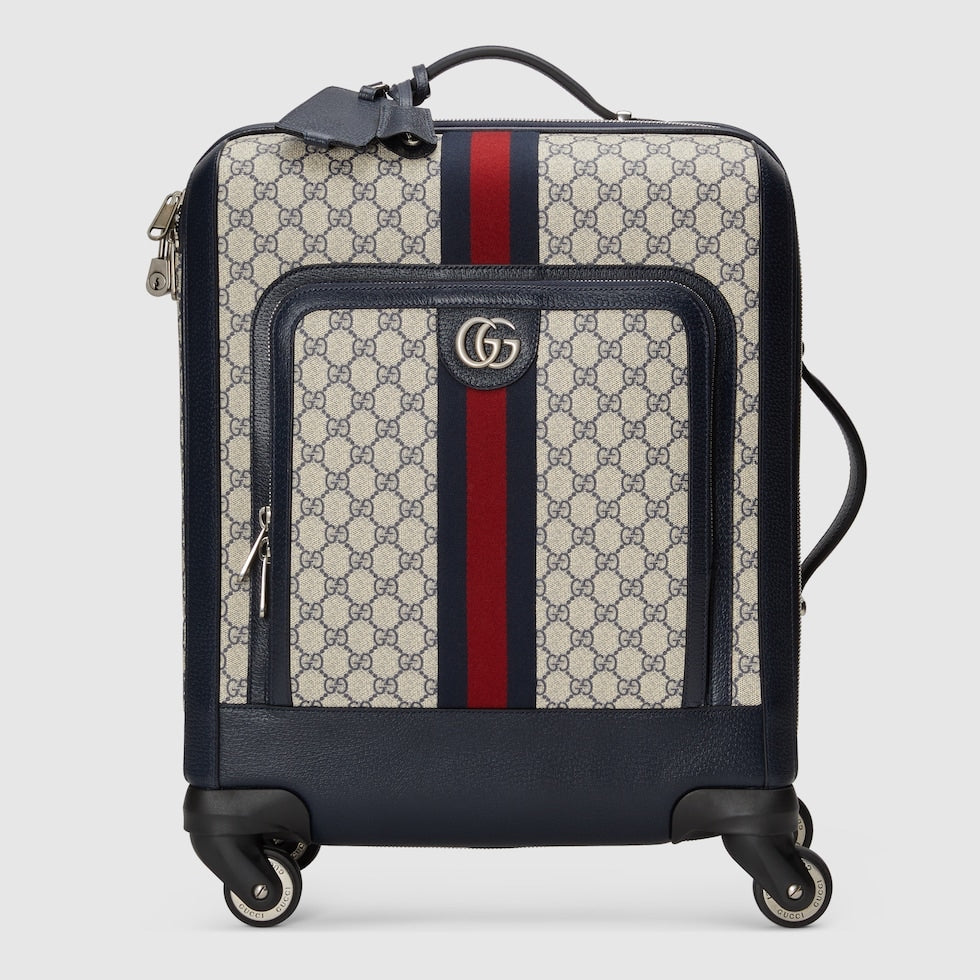 Designer suitcase with patterned exterior and visible brand logo on a light gray background