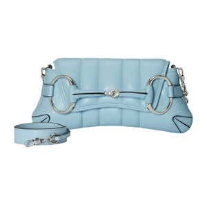 Light blue quilted Gucci Horsebit handbag with silver hardware on a light gray background