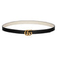 Black belt with gold Gucci logo buckle on a light gray background