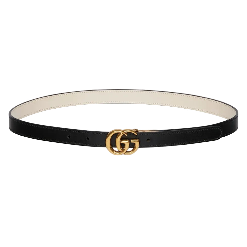 Black belt with gold Gucci logo buckle on a light gray background