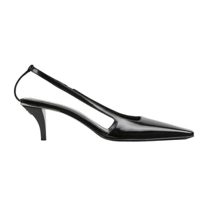 Black high-heeled shoe on a white background