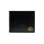 Black leather wallet with gold logo on a white background