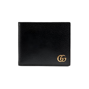 Black leather wallet with gold logo on a white background