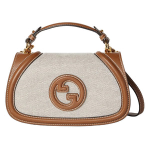 Gucci Blondie Medium Top Handle Beige Cotton Linen Canvas Bag Brown