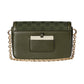 Green handbag with gold chain on a light gray background