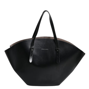 Black handbag with a visible brand name on a white background