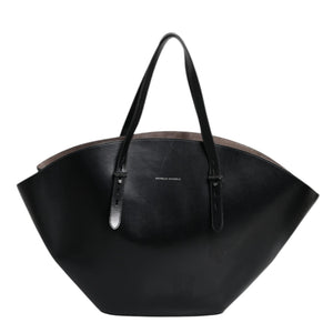 Black handbag with a visible brand logo on a white background