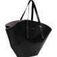 Black tote bag with a brown interior on a white background
