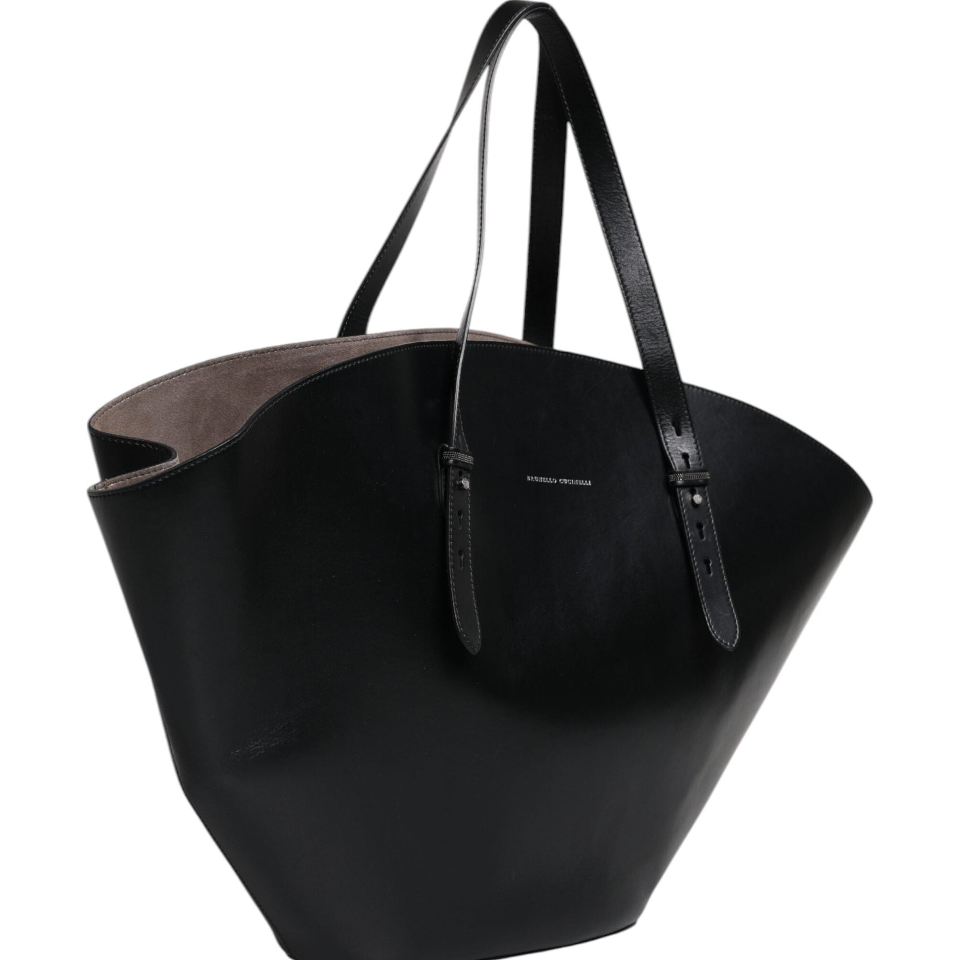 Black tote bag with a brown interior on a white background