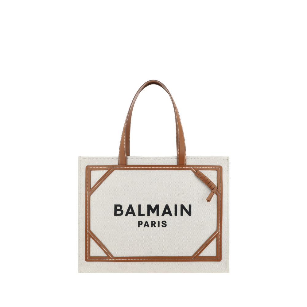 Balmain Paris tote bag with brown handle and trim on a white background