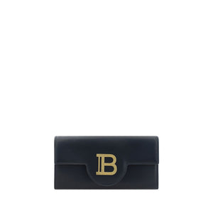 Black clutch bag with a gold 'B' logo on a white background