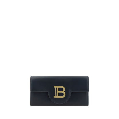 Black clutch bag with a gold 'B' logo on a white background
