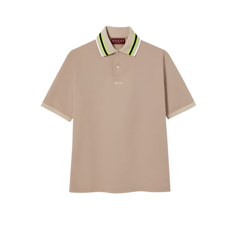 Beige Gucci polo shirt with a brand logo on a white background