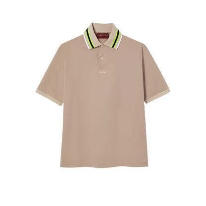 Beige Gucci polo shirt with a brand logo on a white background