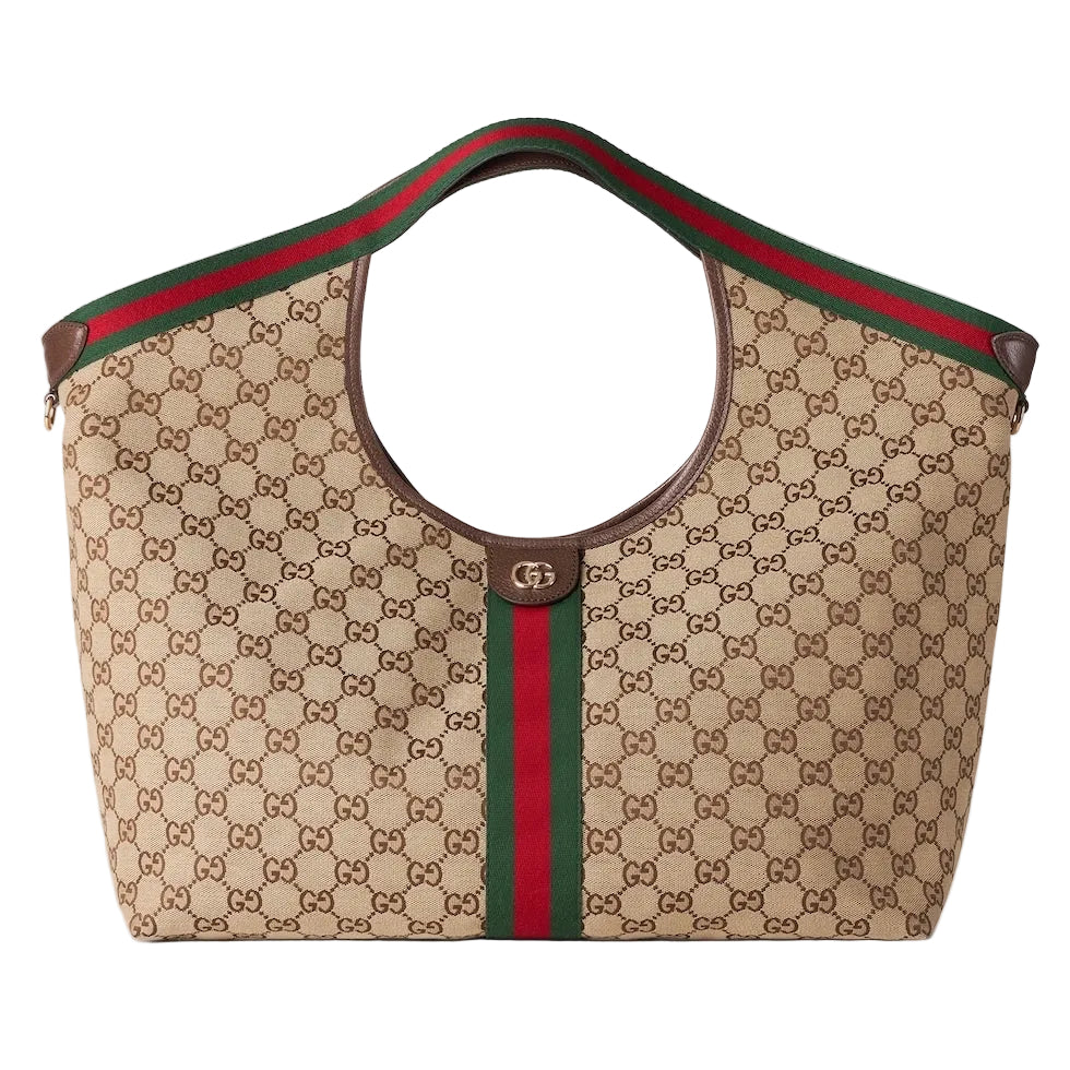 Beige luxury Gucci handbag with red and green stripe on a white background