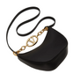 Black handbag with gold chain strap on a white background