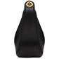 Black handbag with gold clasp on a white background