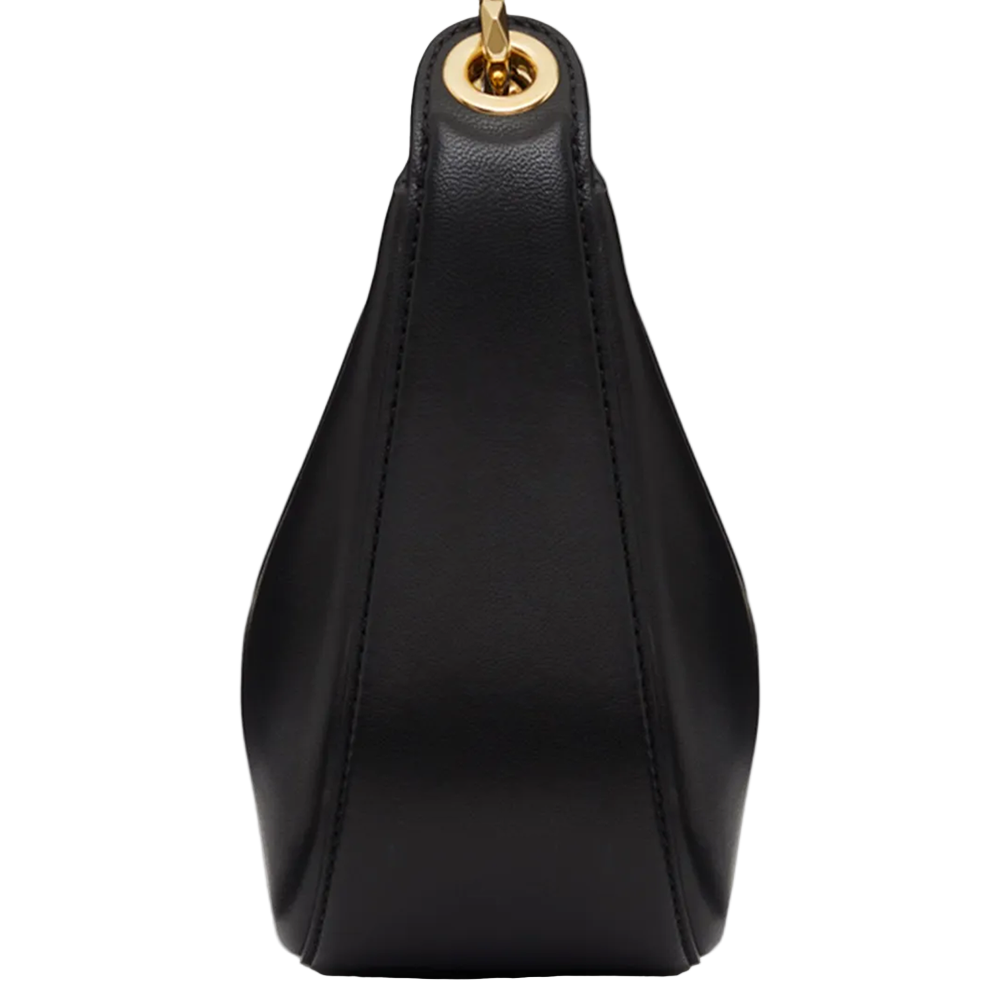 Black handbag with gold clasp on a white background