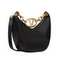 Black handbag with gold chain and logo on a white background