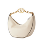 Beige handbag with gold chain handle on a light gray background