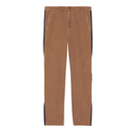 Brown Gucci pants with black side stripes on a light gray background