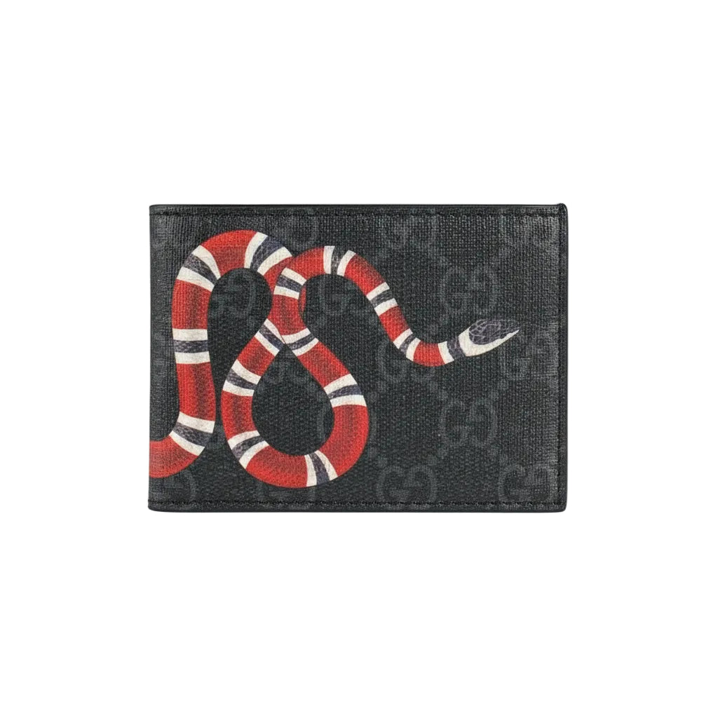 Black wallet with red and white snake design on a light gray background