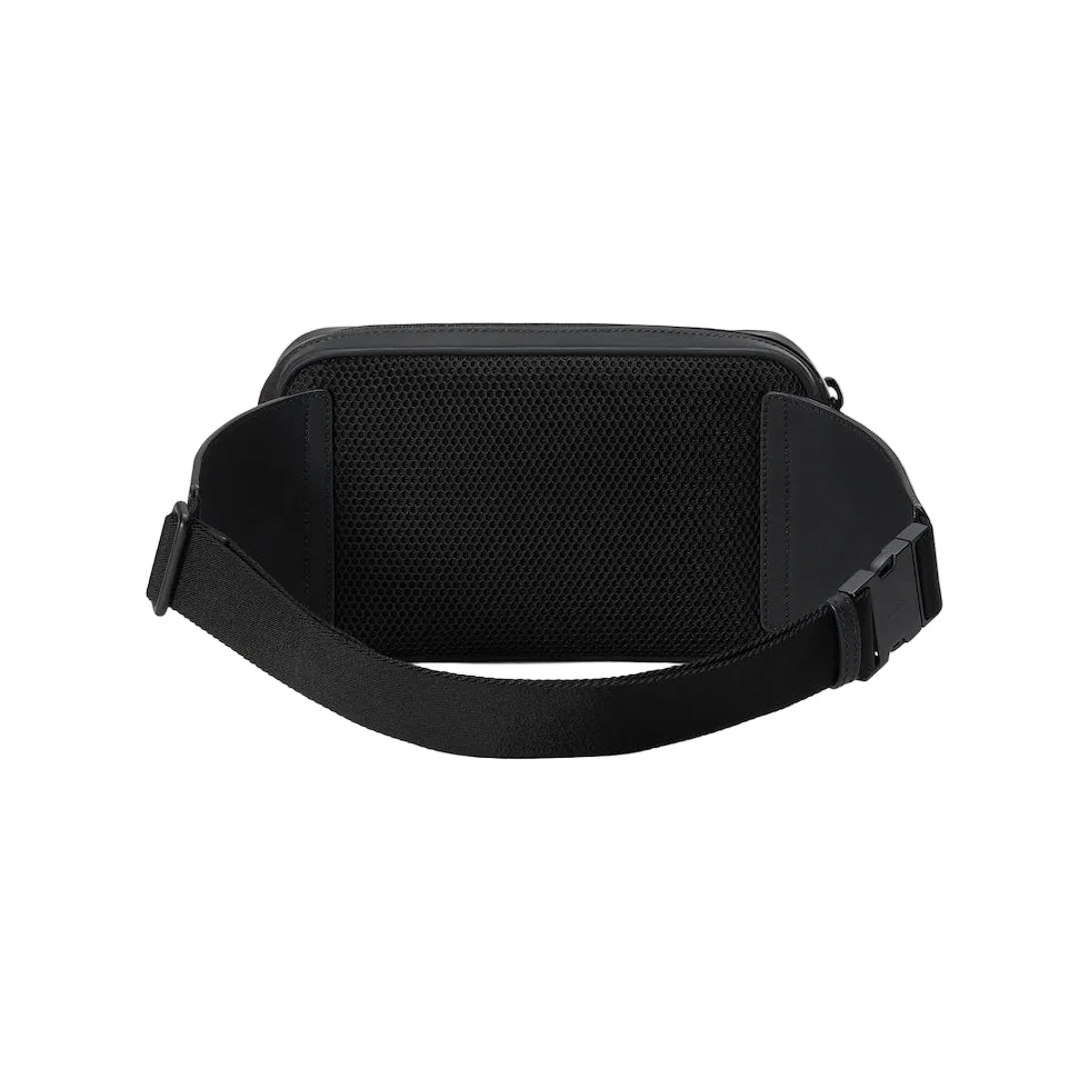 Black waist bag on a light gray background