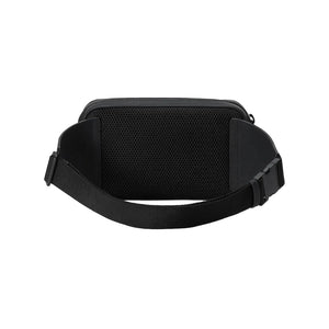 Black waist bag on a light gray background