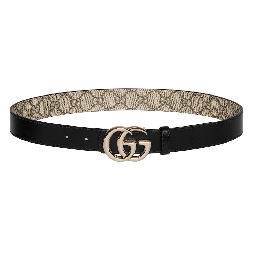 Designer belt with GG logo on a light gray background