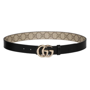 Designer belt with GG logo on a light gray background