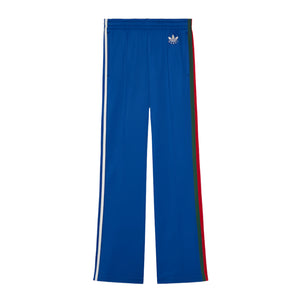 Blue track pants with red and white stripes on a light gray background
