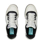 White sneakers with black accents and Gucci logo on a white background