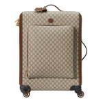 Beige patterned suitcase with brown accents on a light gray background