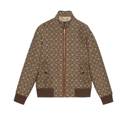 Patterned Gucci Horsebit jacket on a white background