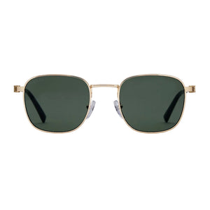Gold-framed sunglasses with green lenses on a light gray background