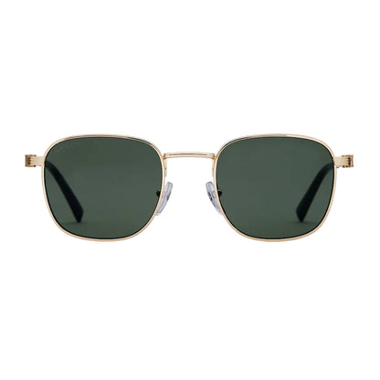 Gold-framed sunglasses with green lenses on a light gray background