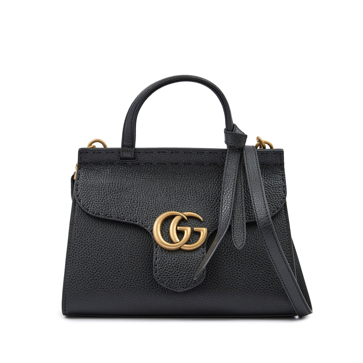 Black handbag with gold logo on a white background