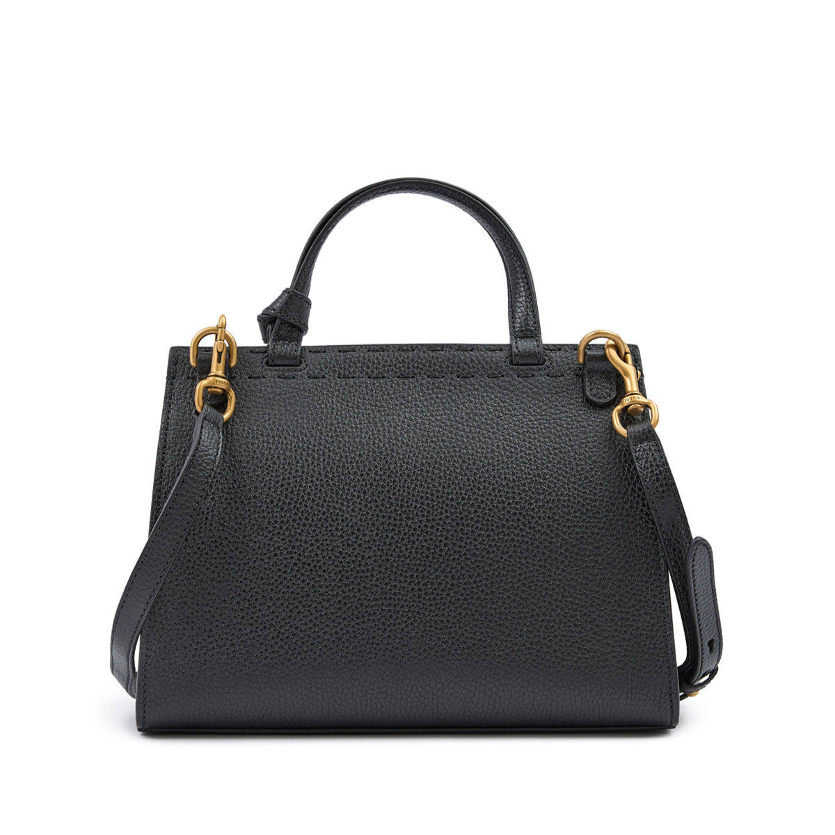 Black handbag with gold hardware on a white background