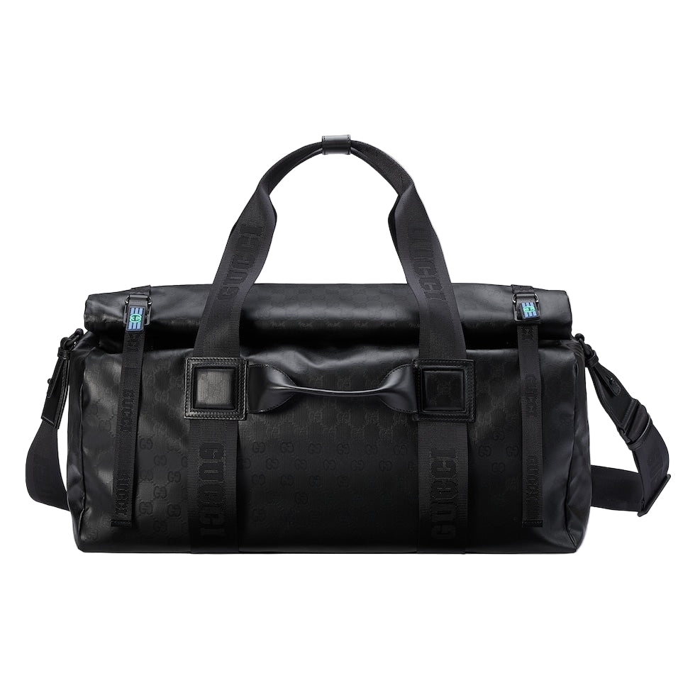 Black duffel bag with visible branding on a light gray background