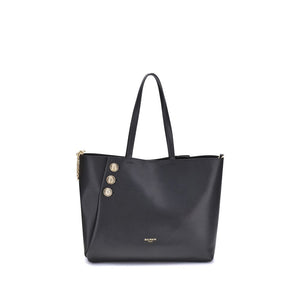 Black handbag with gold buttons on a white background
