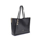 Black handbag with gold chain and buttons on a white background